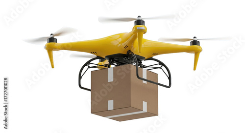 A yellow delivery drone carries a brown box; concept of modern, efficient, and rapid distribution.