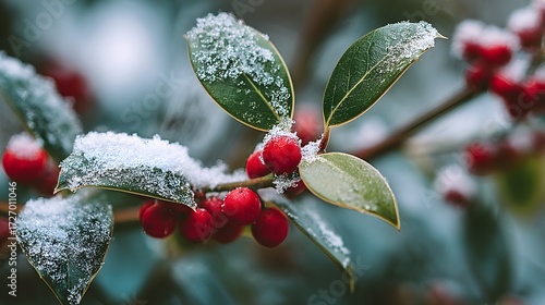 Winter holly berries covered in snow close up seasonal christmas winter holiday background nature photography