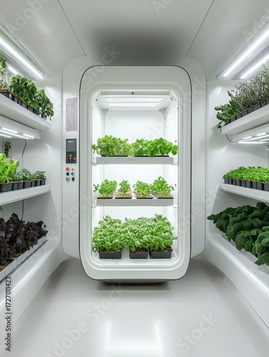 Modern indoor hydroponic system growing fresh herbs and greens under LED lights in a futuristic, energy-efficient environment.