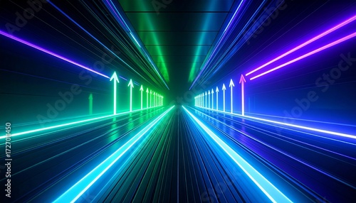 Wallpaper Mural An artistic view of the hallway with neon light and arrow symbol. The image's strong lines create depth and a sense of movement Torontodigital.ca