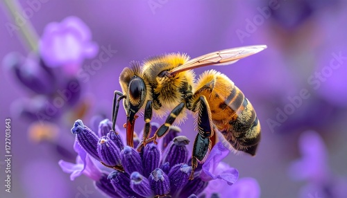 A honeybee, in sharp focus, extracts nectar from a lavender flower. Soft, blurred purple hues form the background