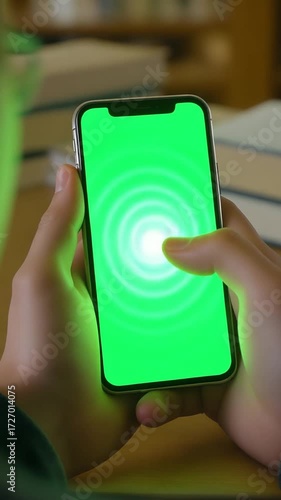 Using Phone with Green Screen Display in Hands Indoors