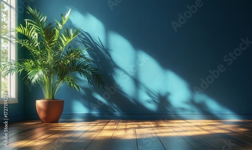 Empty room interior background, blue wall, pot with plant, wooden flooring 3d rendering, Generative AI