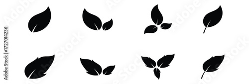 Black dark isolated leaf icon set on white page.  Vector isolated leaf icons on white background.  Nature black leaf icon set on white page. EPS 10. 