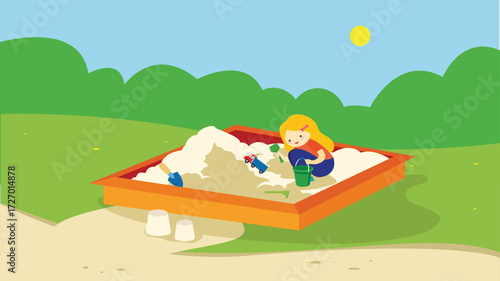 Children playing in the sandbox. Vector illustration in flat cartoon style.