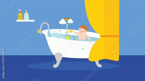Cute little boy taking a bath with soap bubbles. Vector illustration