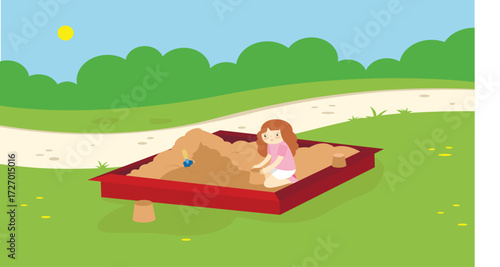 Little girl playing in sandbox. Vector illustration in flat style. Children play in sandbox.