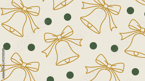 Seamless pattern of gold outline bells with bows and green dots on a cream colored background design