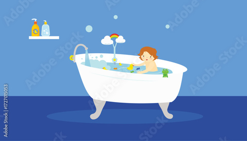 Woman taking a bath with foam and soap. Flat style vector illustration.