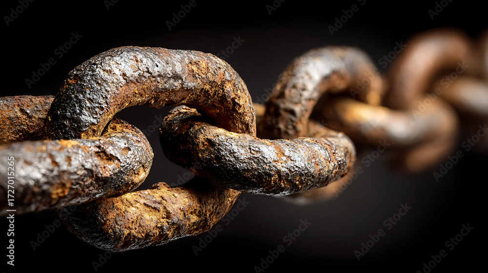 Fototapeta premium A detailed close-up of a heavily rusted, weathered metal chain, with a shallow depth of field, stretching across a rough, industrial surface under diffuse lighting. 
