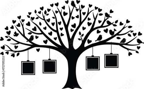 Silhouette family tree with heart leaves, photo frames, and birds on branches, symbolizing love, ancestry, genealogy, and cherished memories