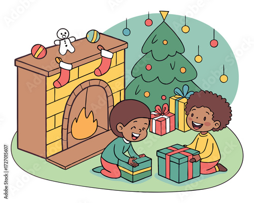 Happy children opening presents next to a glowing fireplace, surrounded by toys and colorful decorations, capturing the excitement and joy of Christmas morning.