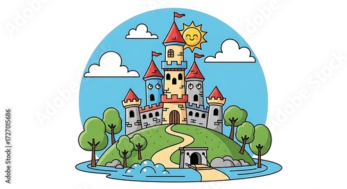 Cartoon Castle on Hill. (2)
