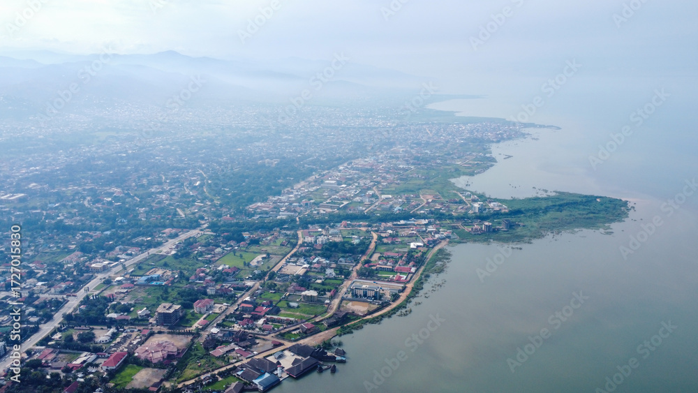 Fototapeta premium Aerial view of bukavu city, democratic republic of the congo, on lake kivu shoreline