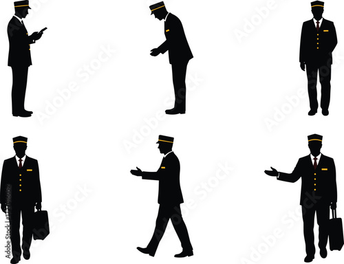 Collection of professional hotel doorman silhouettes in uniform with luggage, bowing, greeting, standing, walking, and service gesture vector illustration