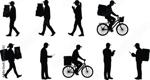 Silhouettes of delivery workers carrying boxes, using mobile phones, and riding bicycles with backpacks for courier service and logistics