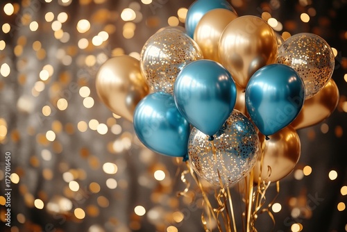 Holiday background with golden and blue metallic balloons, confetti and ribbons. Festive card for birthday party, anniversary, new year, christmas or other events. Created with, Generative AI