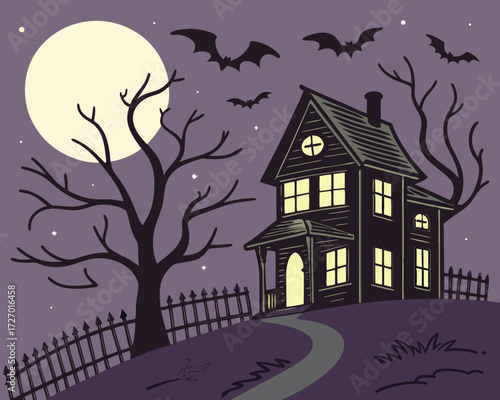 Halloween holiday colorfull poster design showing a spooky haunted house with glowing windows, flying bats, bare trees, full moon, and a crooked fence