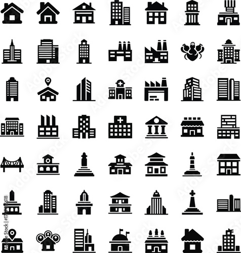 Collection of diverse building icons and symbols for architecture and city planning