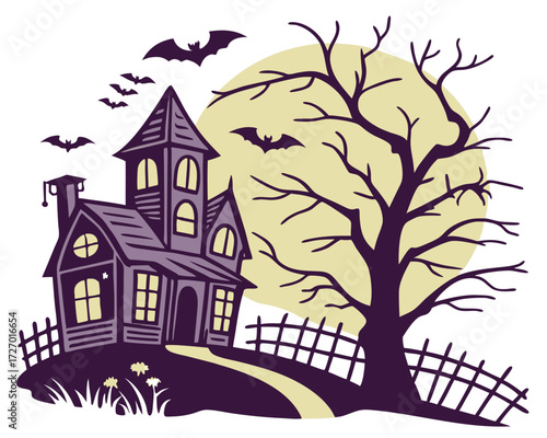 Halloween holiday colorfull poster design showing a spooky haunted house with glowing windows, flying bats, bare trees, full moon, and a crooked fence