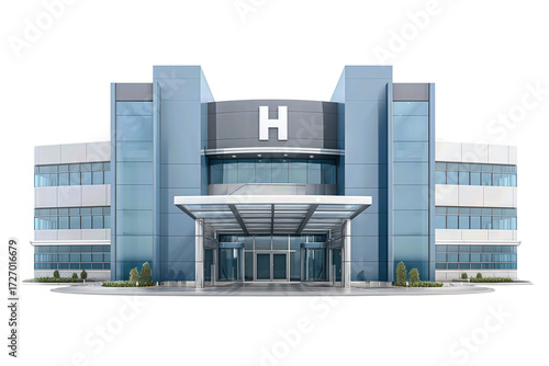 Modern hospital exterior with two blue wings, isolated on transparent background.
