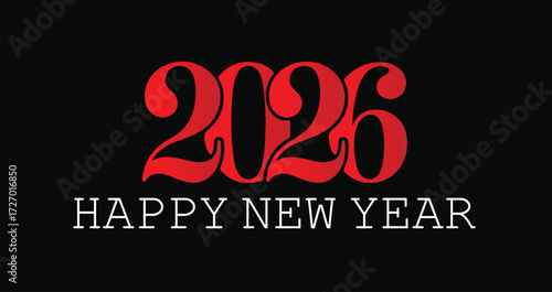 Red stylized 2026 text with happy new year below it, on a black background, perfect for new years eve celebrations and greetings
