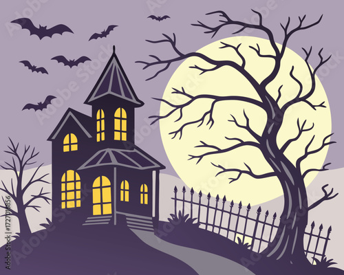 Halloween holiday colorfull poster design showing a spooky haunted house with glowing windows, flying bats, bare trees, full moon, and a crooked fence