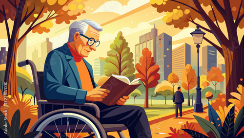A very beautiful close up portrait of elderly man sitting in wheelchair and reading book, senior enjoying warm autumn afternoon, city park filled with golden trees, tranquil atmosphere and harmony.