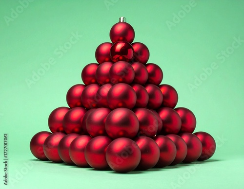 Árbol de Navidad moderno completamente construido con esferas navideñas de color rojo brillante y acabado metalizado. Las bolas están organizadas en forma de árbol piramidal