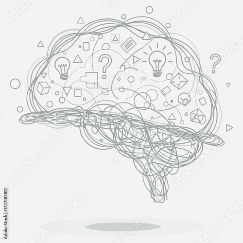 Abstract line art illustration of a human brain filled with symbols representing ideas, learning, and thought processes