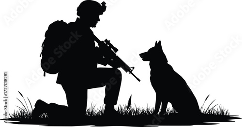 Black and white soldier silhouettes walking in line, military patrol march illustration, armed forces teamwork, army combat operation, battlefield discipline, tactical movement