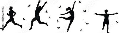 Dynamic human silhouette, joyful movement, butterfly freedom, dance pose, running figure, expressive gesture, flat vector illustration, black white design, energy art