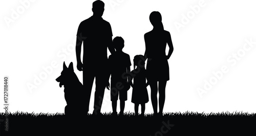 Family silhouette with dog outdoors, black and white vector scene, unity and love concept, flat vector illustration, nature background art