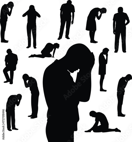 Emotional stress, mental health crisis, depression, anxiety, sadness, silhouette people, psychological pain, introspection, burnout, despair, flat vector illustration