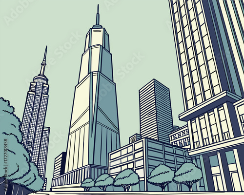 Skyscraper Futuristic Landscapes. Towering buildings reaching toward the heavens framed by clear skies, hinting at utopian city planning ideals.