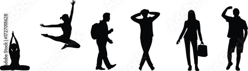 Human silhouette, lifestyle pose, yoga posture, dance leap, walking figure, business stance, casual gesture, daily activity, flat vector illustration