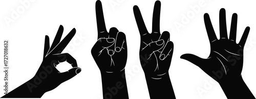 Hand gesture silhouette, OK sign, pointing finger, peace symbol, open palm, black vector, isolated icons, communication, flat vector illustration