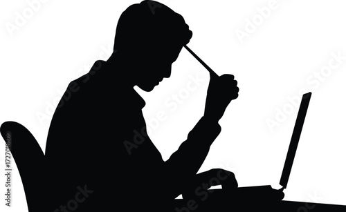 Man thinking at desk, laptop user silhouette, remote work concept, study posture, black vector icon, concentration, flat vector illustration