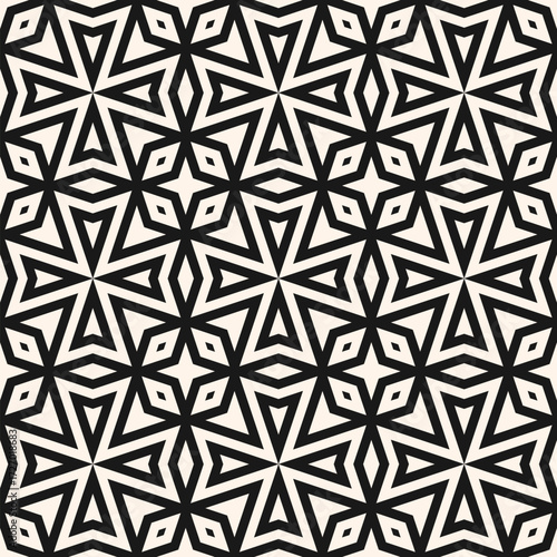 Vector geometric seamless pattern with star shapes, triangular elements. Abstract monochrome texture with repeating floral motifs. Black and white ornament. Modern design for textile, wallpaper, decor