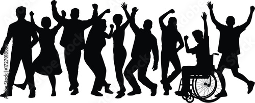 Inclusive celebration, diverse people silhouette, joyful crowd, wheelchair user, unity, happiness, dance, jump, freedom, community, accessibility, flat vector illustration