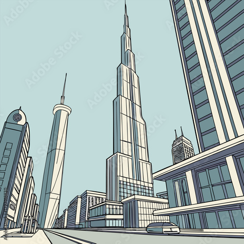 Skyscraper Futuristic Landscapes. Towering buildings reaching toward the heavens framed by clear skies, hinting at utopian city planning ideals.