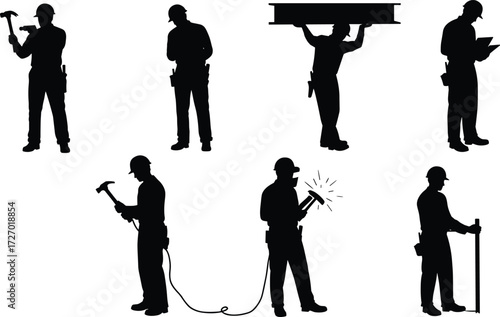 Silhouette collection of construction workers with tools, hammer, welding, lifting materials, building site labor vector illustration for industry design