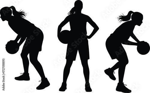 Basketball player silhouette, dynamic pose, dribbling action, shooting motion, athletic movement, sports energy, flat vector illustration, black white design