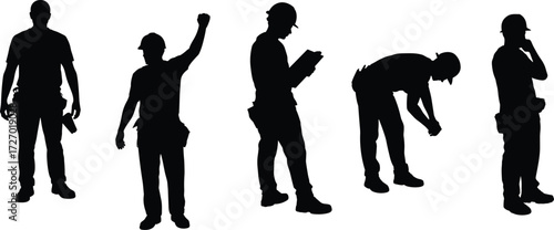 Construction worker, labor silhouette, hard hat, job site, manual work, inspection pose, industrial action, flat vector illustration