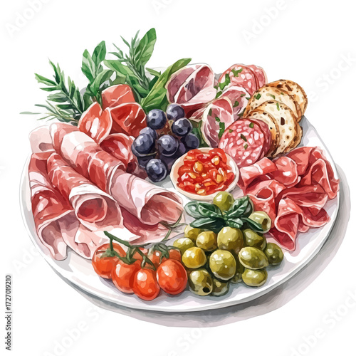 Antipasto Platter, watercolor vector, isolated on a white background.