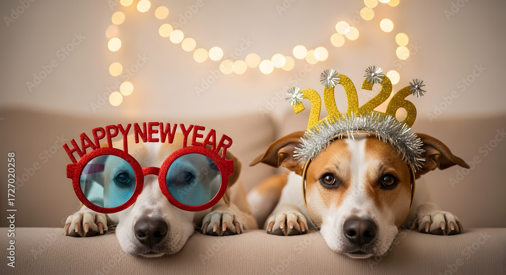 © Pixel Corner - Dogs Wearing New Year Glasses and 2026 Headband Celebration. © Pixel Corner - Dogs Wearing New Year Glasses and 2026 Headband Celebration.