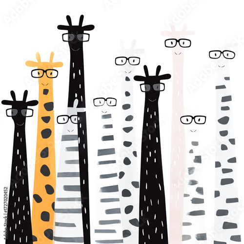Cute cartoon giraffes wearing glasses in black, white and yellow on white background