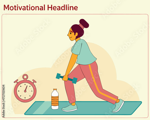 Fitness training illustration showing a woman doing lunges with dumbbells on a gym mat, stopwatch and water bottle nearby, progress, and motivational headline area