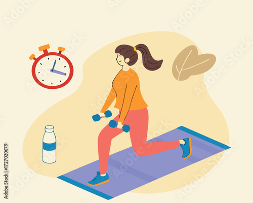 Fitness training illustration showing a woman doing lunges with dumbbells on a gym mat, stopwatch and water bottle nearby, progress, and motivational headline area