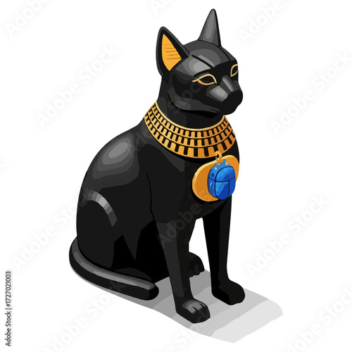 Ancient Egyptian Bastet Cat Statue with Golden Collar and Scarab Amulet.